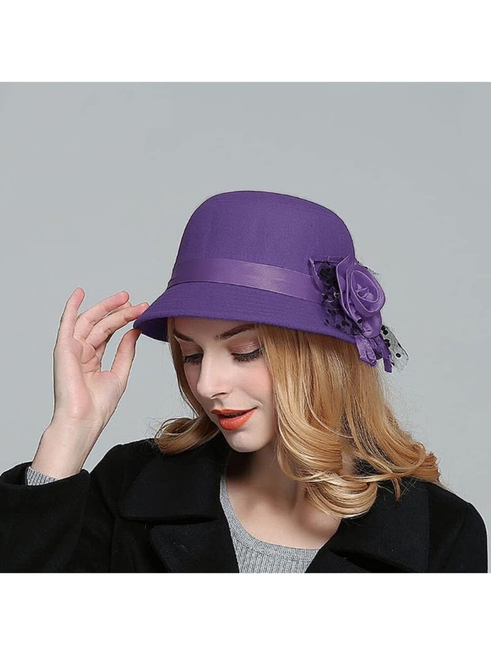 Women's Purple Vintage Felt Cloche inter Floral Fedora Imported Bucket Hat - Picture 2 of 6